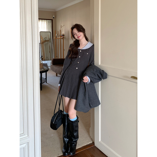 Even一雯【少女香气】韩系高智感秋冬法式精致撞色拼接百褶连衣裙