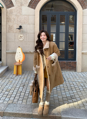 Even一雯【布朗小熊】韩系高智秋冬加厚保暖棕黄色长款外套带手套