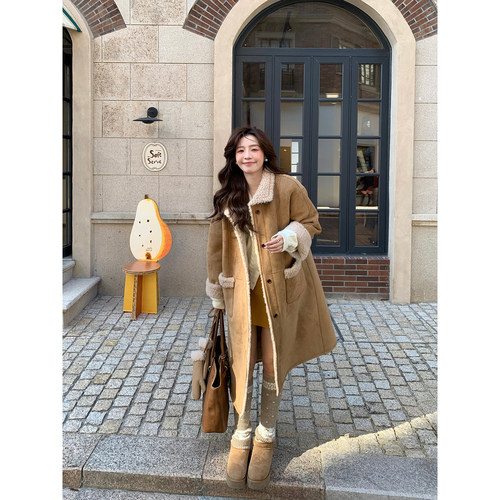 Even一雯【布朗小熊】韩系高智秋冬加厚保暖棕黄色长款外套带手套