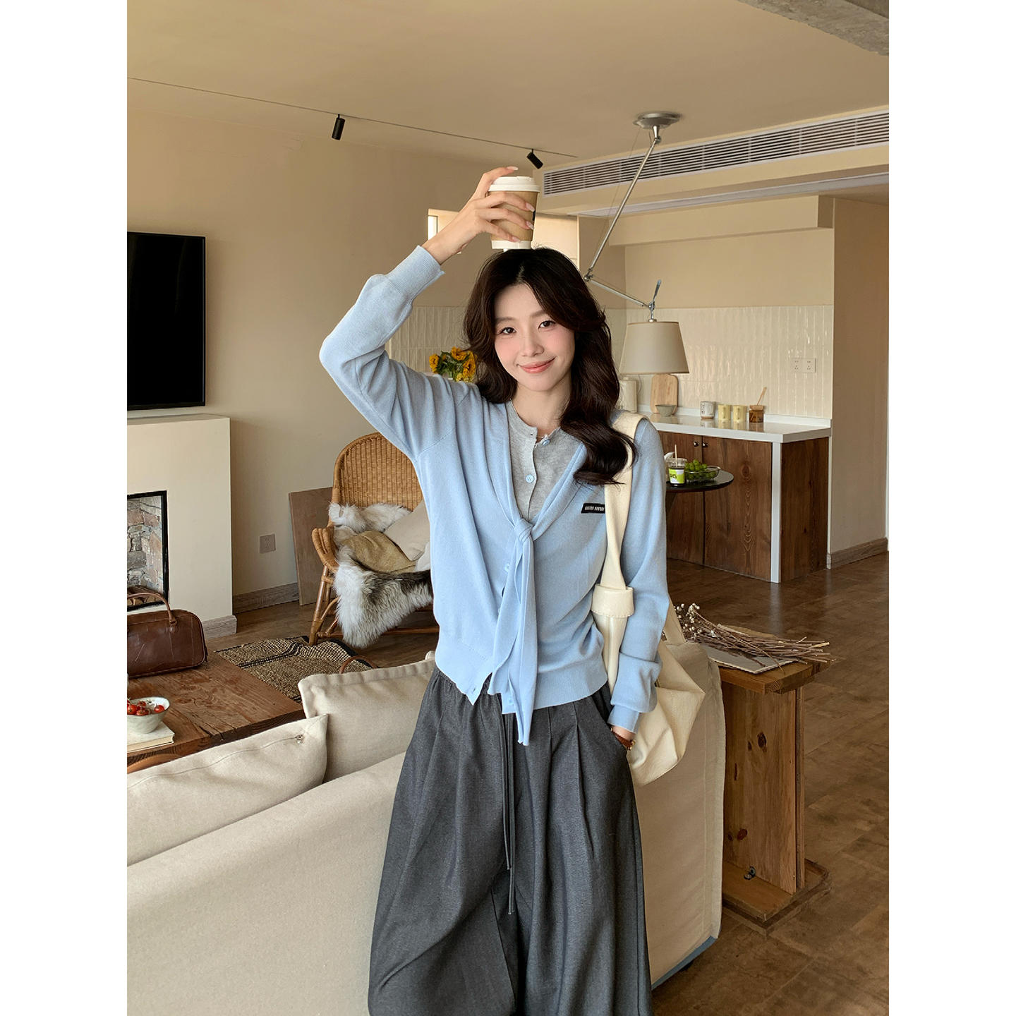 Even一雯【氧气oni】韩系高智精致休闲慵懒感撞色绑带长袖针织衫