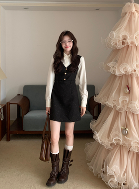 Even一雯【沪上千金】韩系高智感秋冬精致千金感带闪假两件连衣裙