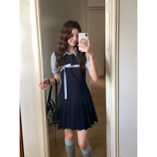 Even一雯 韩系高智假两件miu系连衣裙学院风百褶短裙 高智miu王