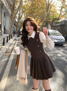 Even一雯【你的名字】韩系高智秋冬气质假两件厚款百褶收腰连衣裙