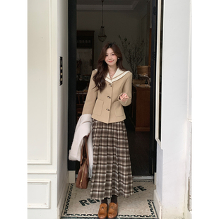 收腰外套格子半裙套装 韩系高智秋冬海军领短款 太妃糖 Even一雯