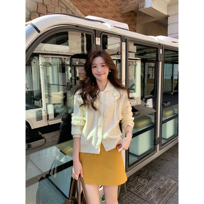 Even一雯【清冷栀子】韩系高智秋冬精致立体花朵翻领宽松毛衣开衫