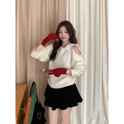 Even一雯【浪漫攻心】韩系高智感含兔毛百搭斜肩绑带温柔感毛衣