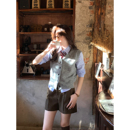 韩系高智感气质女主收腰捏褶百搭蓝条纹衬衫 Even一雯 高智女友