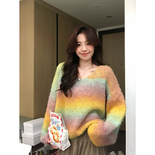 Even一雯【彩虹多巴胺】韩系高智感温柔风含羊毛针织衫女秋冬毛衣