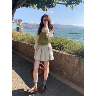Even一雯 韩系高智感卡其半身裙百搭精致百褶短裙 苔色旋律半裙