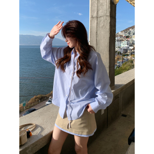 上衣女蓝白条纹系带衬衫 韩系高智纯棉薄款 首尔侦探社 Even一雯