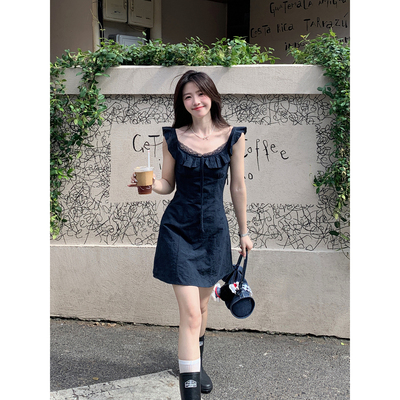 Even一雯【鸢尾岚山】韩系高智感100棉法式修身显瘦V领蕾丝连衣裙