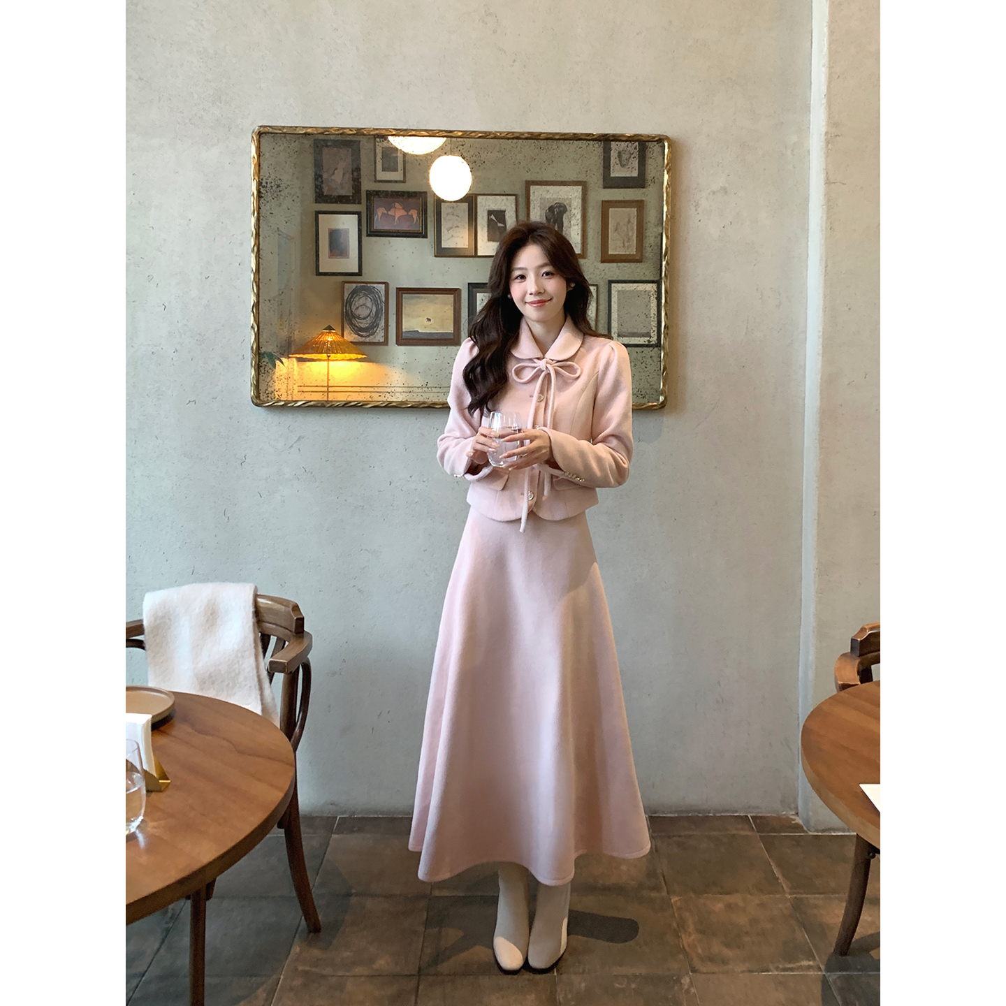 Even一雯【粉樱少女】高智感秋冬粉色毛呢收腰外套高腰半裙套装