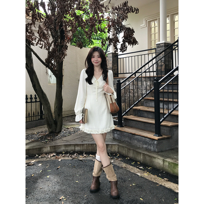 Even一雯【自在淡人】韩系高智感早秋温柔长袖收腰显瘦白色连衣裙