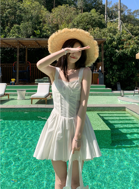 Even一雯【纯白芭蕾】韩系纯棉吊带裙女夏白色蕾丝法式蓬蓬连衣裙