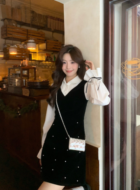 Even一雯【珍珠白茶】韩系高智法式秋冬假两件珍珠气质黑色连衣裙