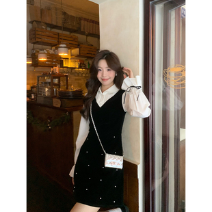 秋冬假两件珍珠气质黑色连衣裙 韩系高智法式 Even一雯 珍珠白茶