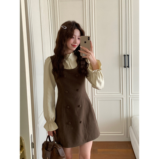 Even一雯【黄油起司】韩系高智法式U领毛呢背心假两件收腰连衣裙