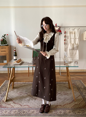 Even一雯【眠猫香草】韩系高智秋冬温柔法式收腰假两件长款连衣裙