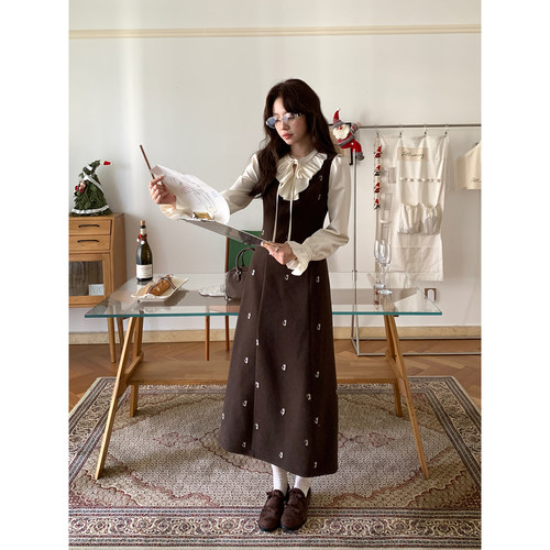 Even一雯【眠猫香草】韩系高智秋冬温柔法式收腰假两件长款连衣裙