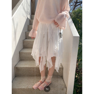 Even一雯 韩系高智不规则荷叶边半裙温柔白色气质中裙 柔光滤镜