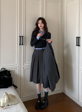 Even一雯【韩女早课半裙】韩系高智感秋冬百搭学院风拼接腰头半裙