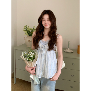 Even一雯 韩系高智甜美温柔碎花内搭吊带假两件上衣春 朦胧鸢尾