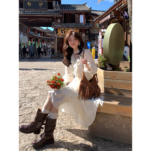 Even一雯【沁羽叠境】韩系高智氛围蕾丝拼接系带不规则下摆连衣裙