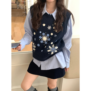 Even一雯 韩系高智感立体雪花刺绣叠搭舒适马甲背心 雪花飘落