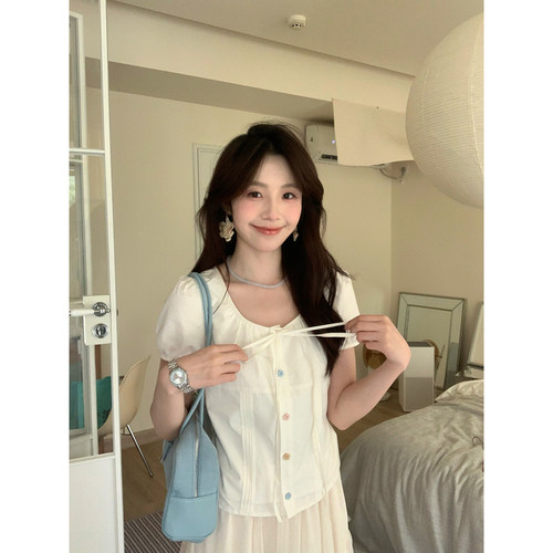 Even一雯【芳心少女】韩系高智感100棉温柔杏色百搭气质短袖上衣