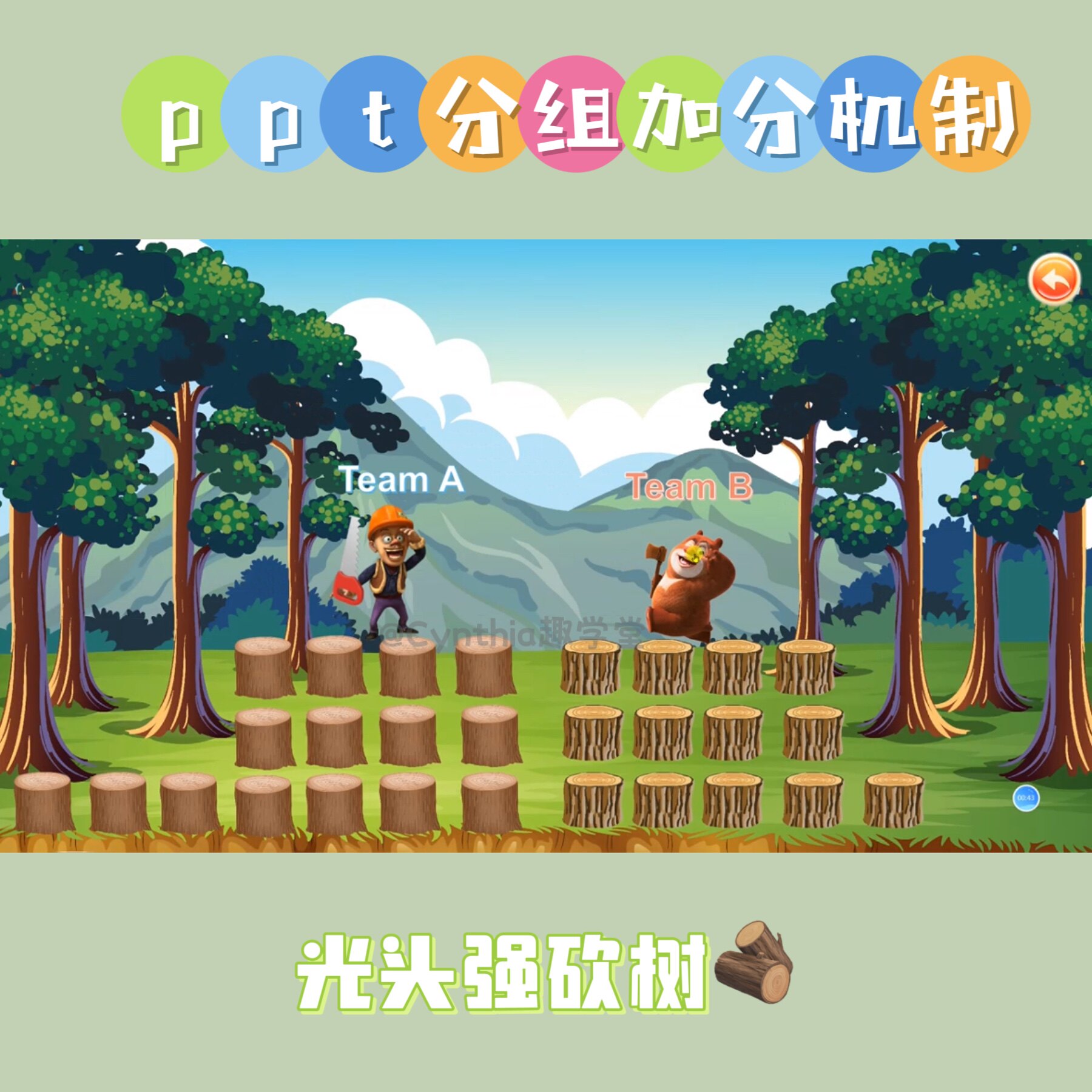 网课线上ppt分组加分机制光头强砍树趣味性奖励加分游戏ppt
