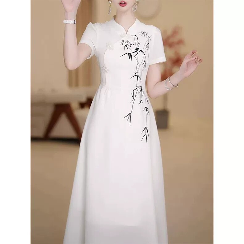 高端时尚国风新中式改良旗袍连衣裙女夏季新款印花收腰显瘦长裙