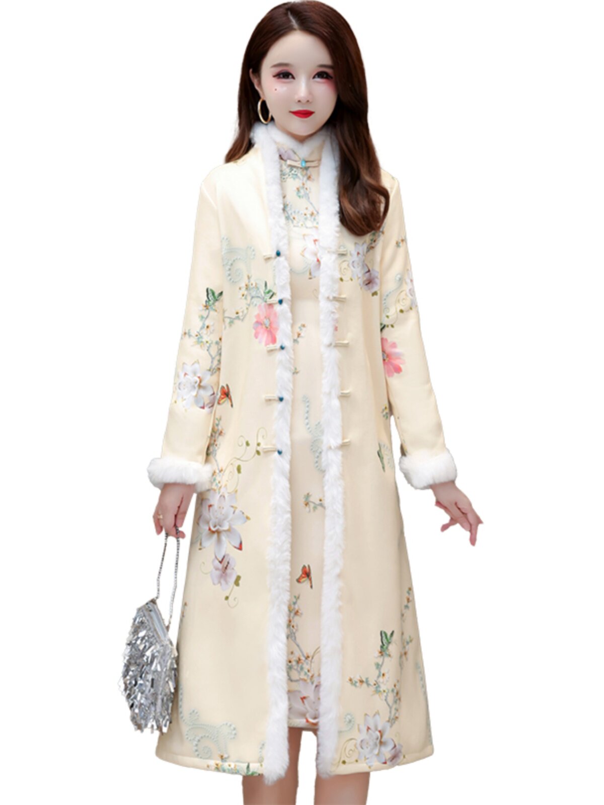 새로운 중국 스타일 CHEONGSAM 겨울 대형 플러스 벨벳 두꺼운 기질 2024 슬림 드레스 외부 정장 엄마 겨울 스타일 여성