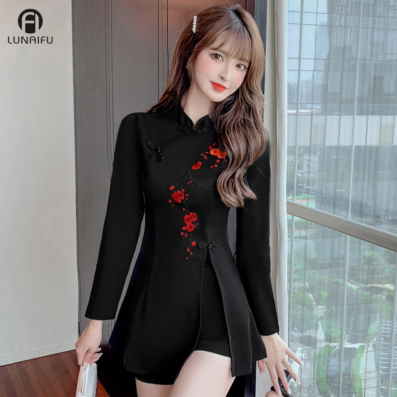 黑色中国风小个子旗袍2022新款套装女春秋改良国潮年轻款显高短款