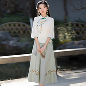 旗袍民国风春夏日常年轻少女装 新中式 盘扣两件套 改良小洋装 学生装