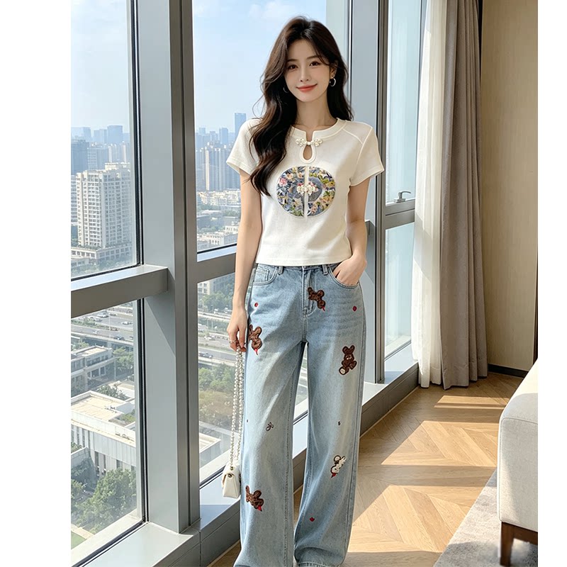 女装2026新款夏季 新中式小个子套装国风超火短袖t恤牛仔裤两件套