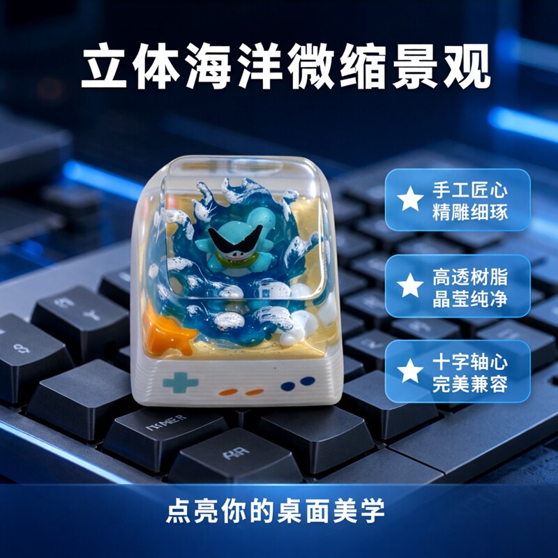 宝可梦杰尼龟海洋树脂键帽手工个性立体海景透明键帽机械键盘键帽