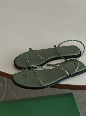 BUBBLE HANDMADE 夹趾细带度假风经典基本款平跟夏季凉鞋 抹茶绿