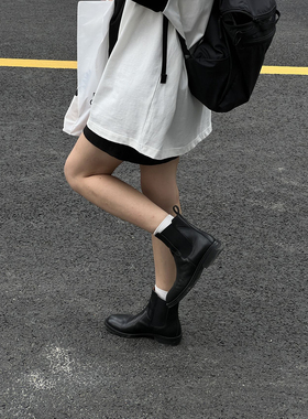 BUBBLE HANDMADE 新款弹力套筒真皮骑士平底短靴切尔西女