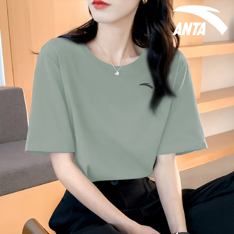 安踏短袖女夏季纯色t恤2023新款大码百搭体桖衫半袖t休闲上衣女装