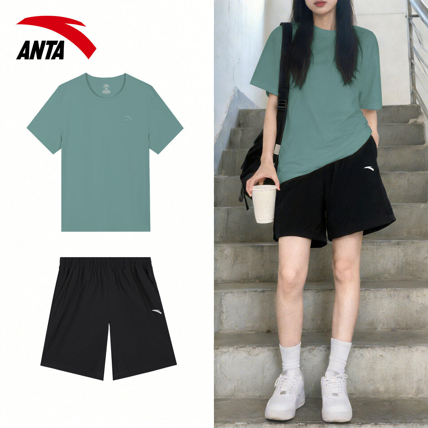 安踏夏季套装女2026新款学生宽松情侣短袖短裤大码运动休闲两件套