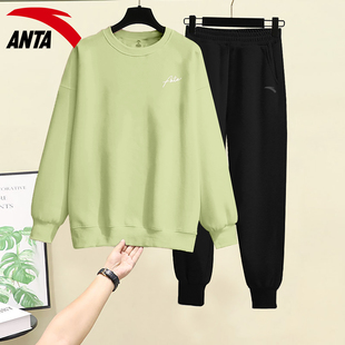 新款 2025秋季 简约跑步学生运动服 女绿色卫衣搭配卫裤 安踏运动套装