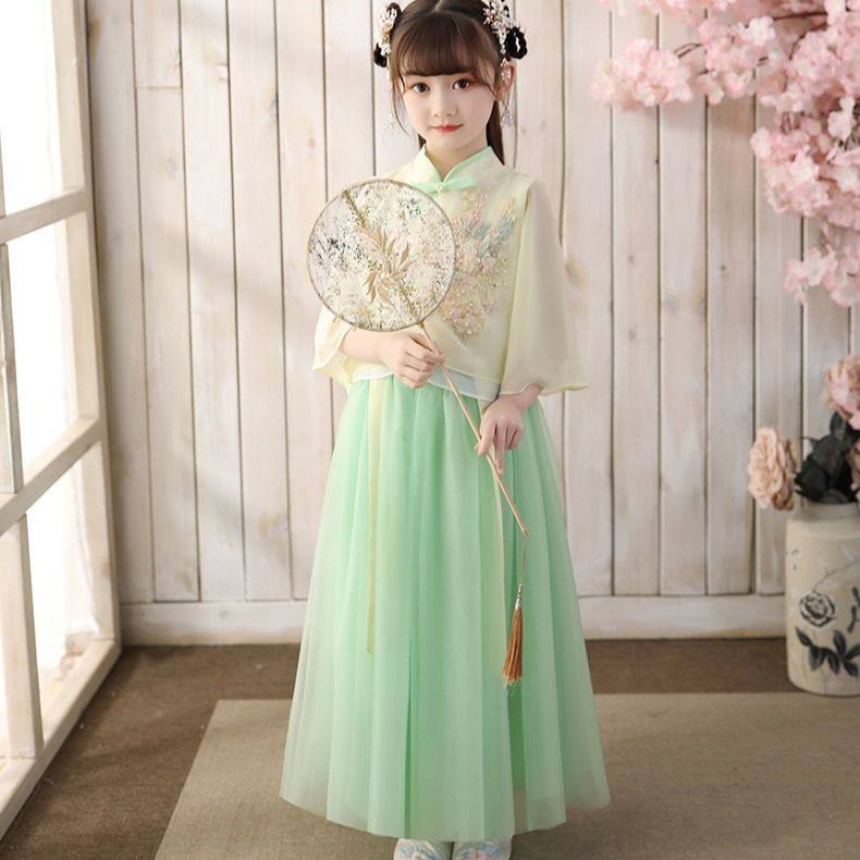 女童汉服两件套大童唐装女古风夏款女款儿童古装高级女孩夏季短袖
