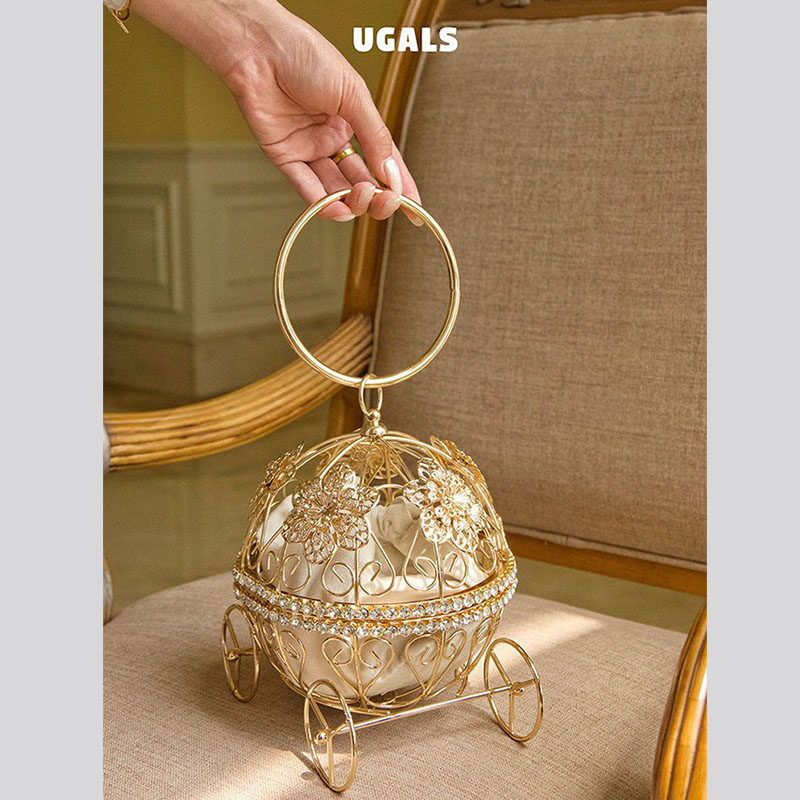 UGALS法式复古金属南瓜车鸟笼镂空水钻珍珠百搭宴会手拿手拎小包