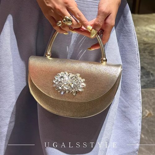UGALS法式仙女镶钻水钻半圆小方包宴会气质凯莉花朵手拿斜挎小包