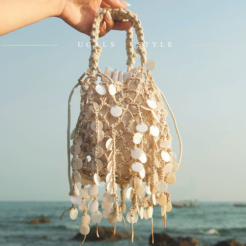 UGALS法式复古亮片编织流苏棉麻贝壳镂空水桶宴会气质手拿斜挎包