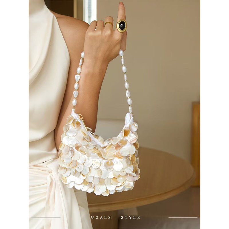 UGALS法式复古鱼鳞亮片贝壳饺子包串珍珠链条晚宴枕头腋下斜挎包