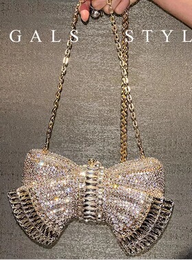 UGALS重工立体蝴蝶结水钻满钻闪亮不灵晚宴包手工镶钻手拿斜挎包