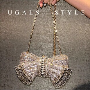 UGALS重工立體蝴蝶結(jié)水鉆滿鉆閃亮不靈晚宴包手工鑲鉆手拿斜挎包