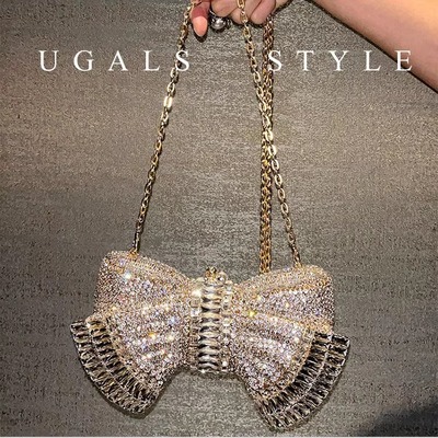 UGALS重工立体蝴蝶结水钻满钻闪亮不灵晚宴包手工镶钻手拿斜挎包