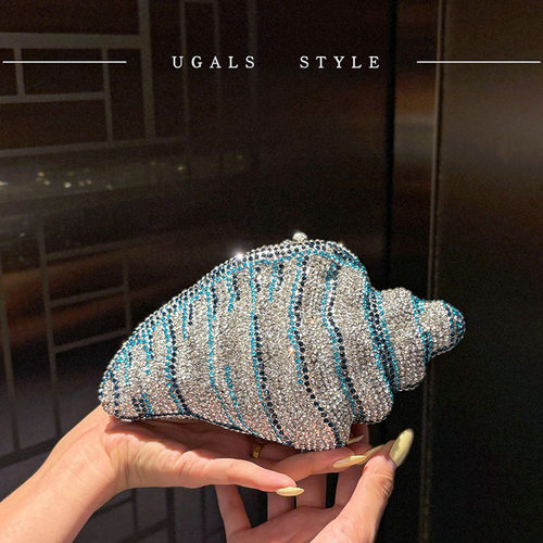 UGALS奢华气质重工海螺贝壳水钻石闪亮不灵百搭宴会手拿斜挎小包